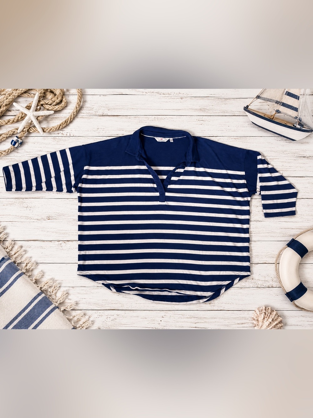 Vineyard Vines XL Striped Deluxe Tee 3/4 Sleeve Modal Cotton Top Coastal Preppy